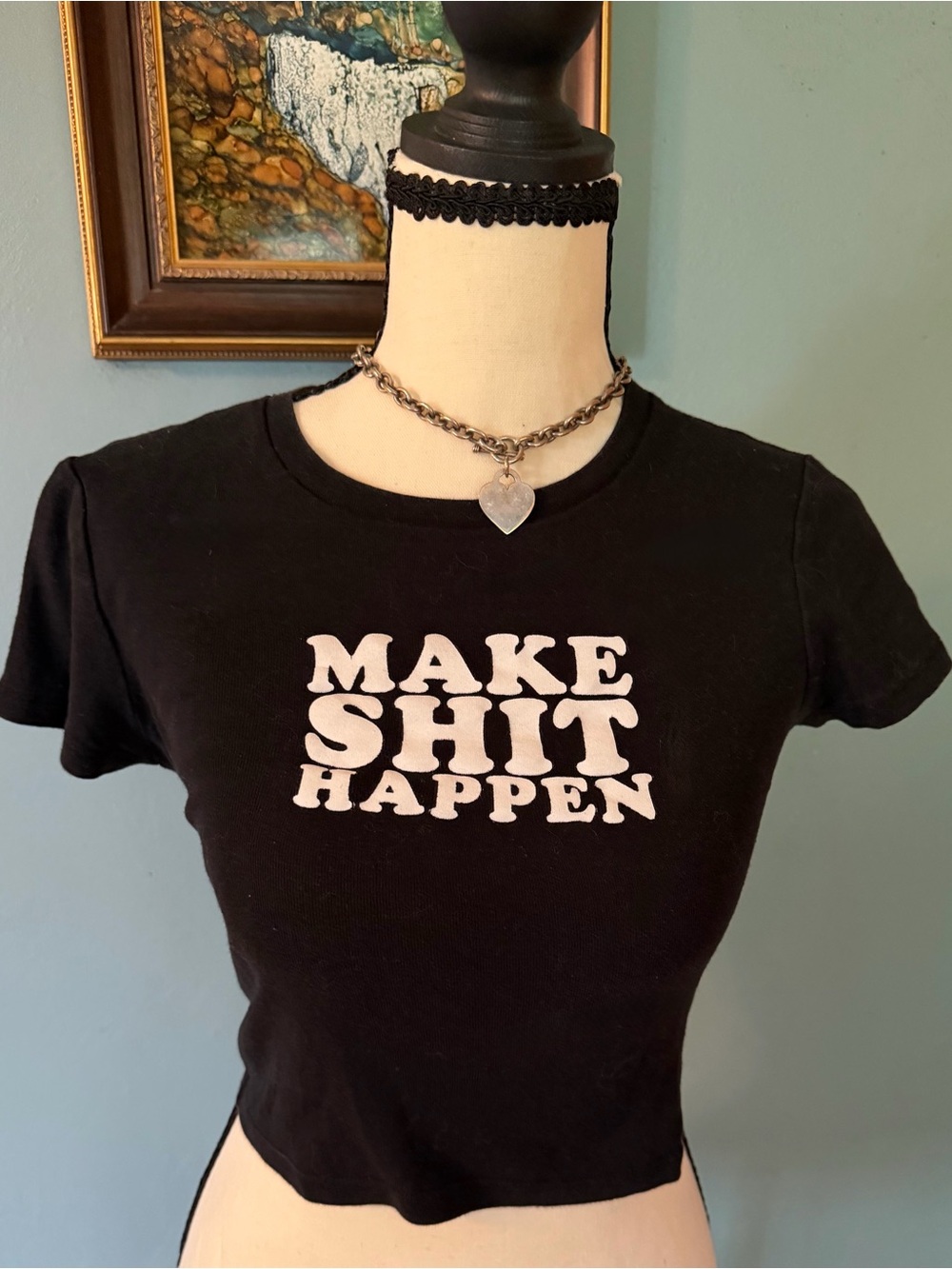 OG Babe Garage Tee "Make Shit Happen" Black Cropped Baby Tee M